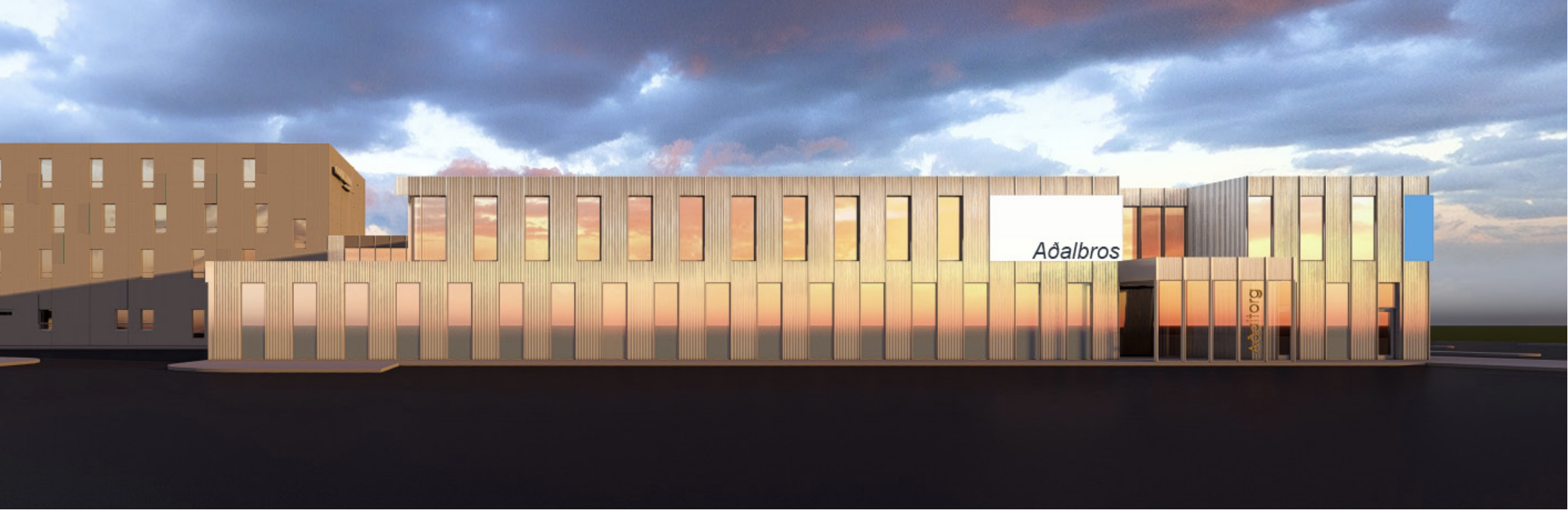 Nútímaleg bygging með glerhlið og Marriott hótel í nágrenninu í Reykjanesbæ